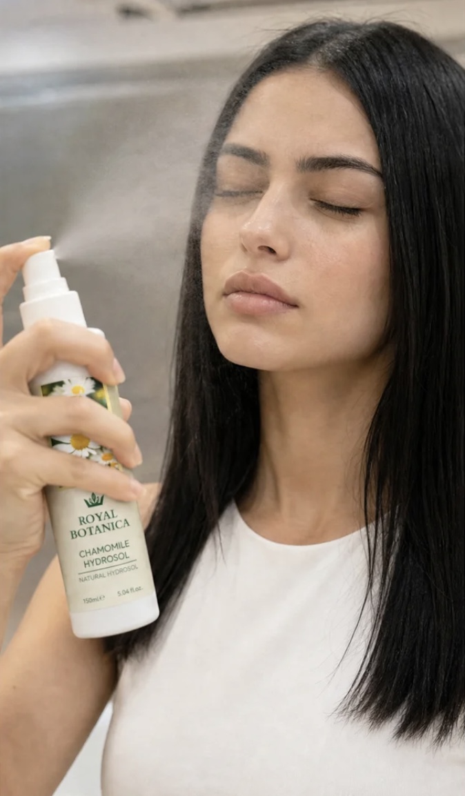 A woman misting Royal Botanica Chamomile Hydrosol over her face, eyes closed in a calm moment
