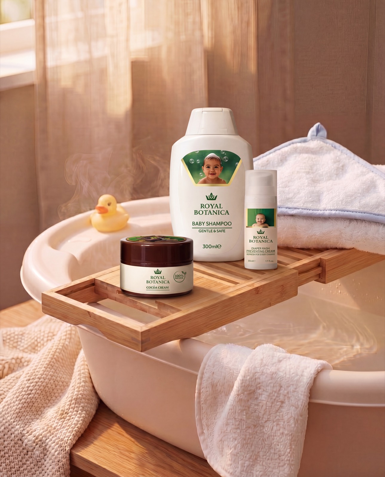 Royal Botanica baby shampoo and cocoa cream on a wooden bath caddy