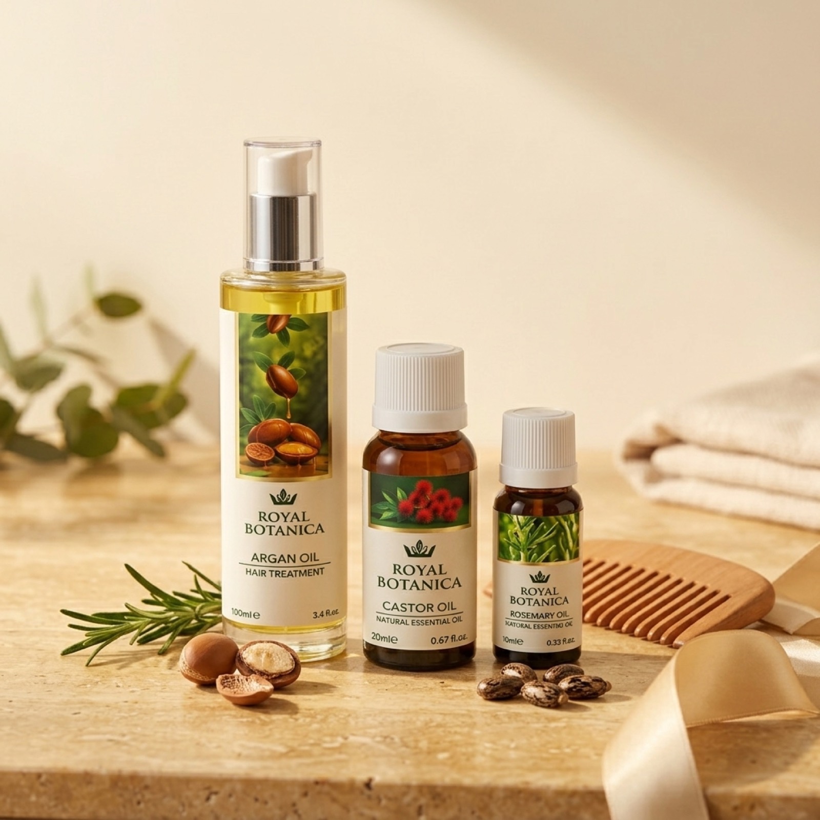 Argan oil, castor oil and rosemary arranged with argan nuts and a wooden comb