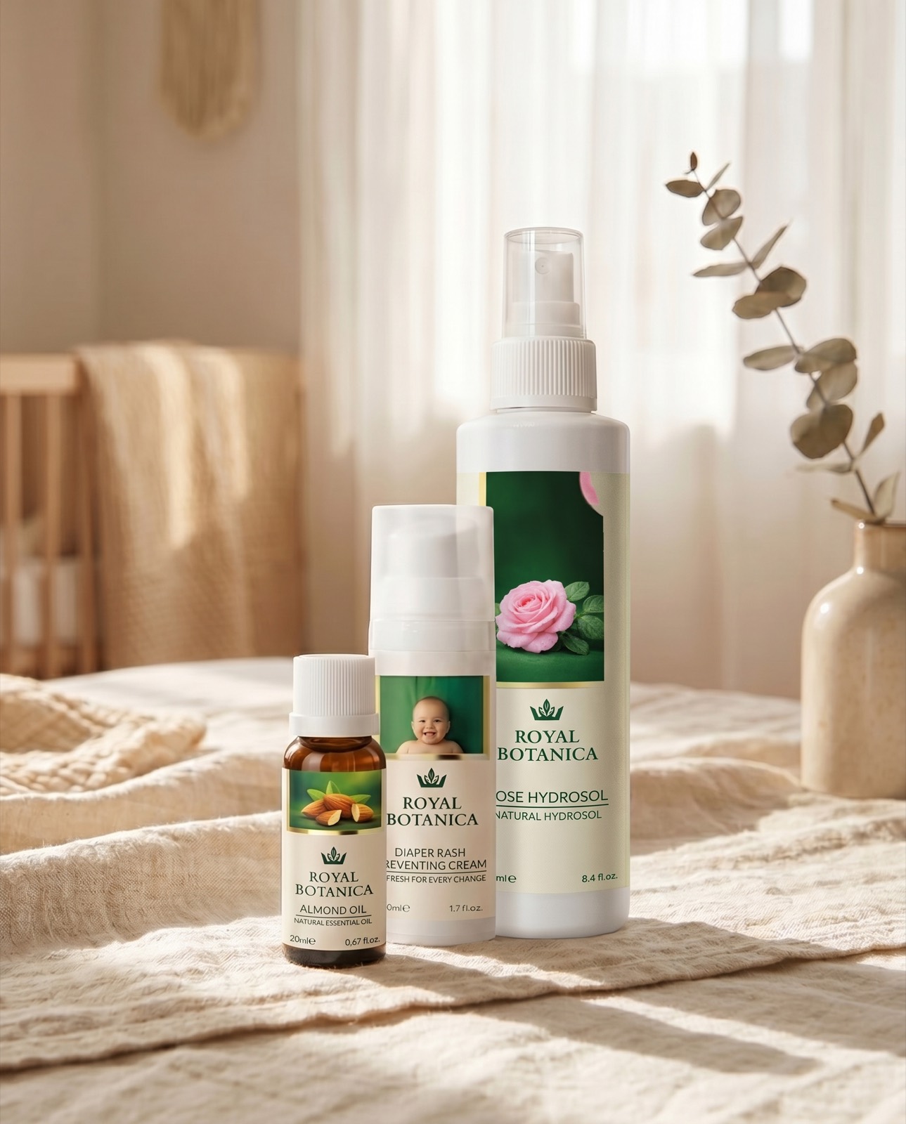 Almond oil, diaper rash cream and rose hydrosol in a soft, sunlit bedroom